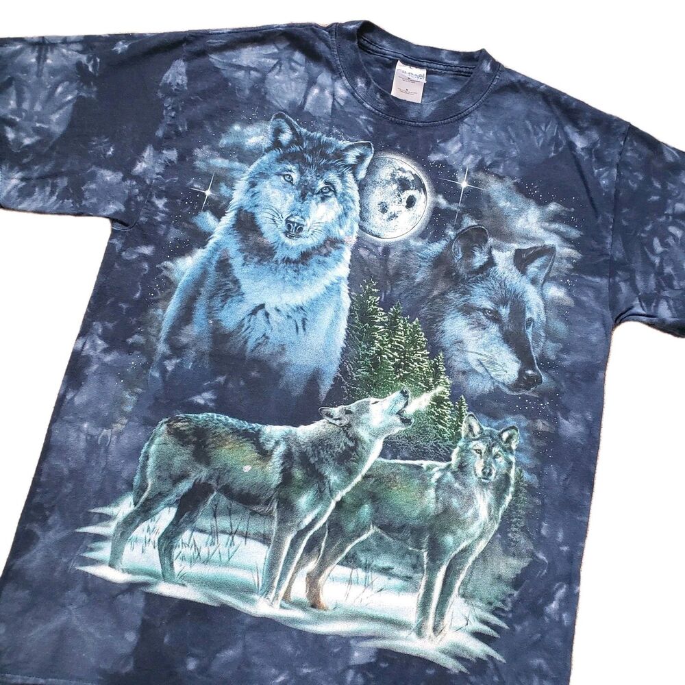 Vintage Y2K Moonlight Wolves Sz Medium Mens Blue Tie Dye T-Shirt Gildan Howling